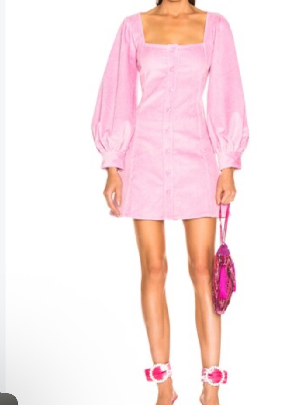 STAUD Pink Square-Neck Puff-Sleeve Mini Dress
